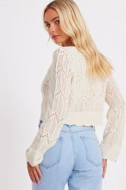 Quiz Knit Cropped Cardigan Cream Outlet