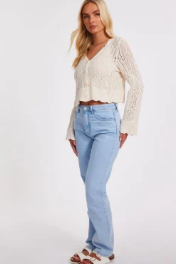 Quiz Knit Cropped Cardigan Cream Outlet