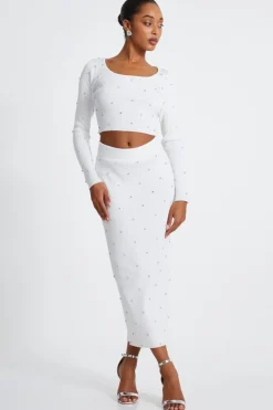 Quiz Cream Knit Diamante Midi Skirt Outlet