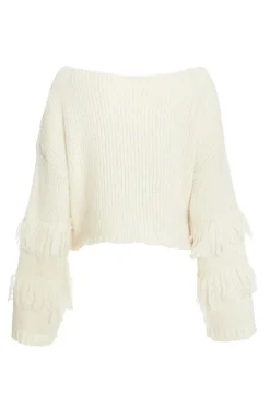 Quiz Cream Knit Fringe Detail Jumper Discount
