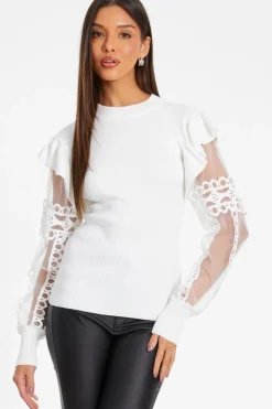 Quiz Knit Mesh Sleeve Jumper Cream Clearance