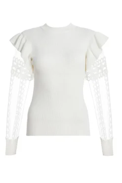 Quiz Knit Mesh Sleeve Jumper Cream Clearance