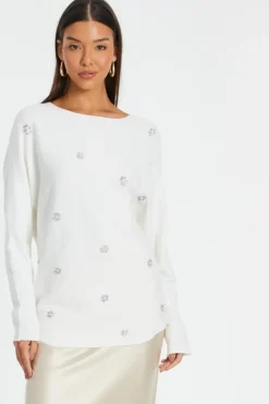 Quiz Cream Knitted Beaded Batwing Jumper New