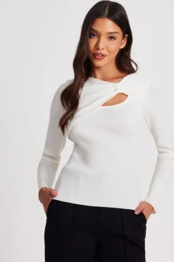 Quiz Knitted Bow Detail Top Cream Sale
