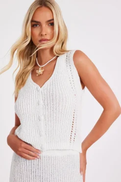 Quiz Cream Knitted Button Front Top Online