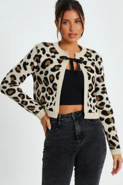 Quiz Cream Leopard Print Knit Cardigan Clearance