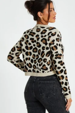 Quiz Cream Leopard Print Knit Cardigan Clearance
