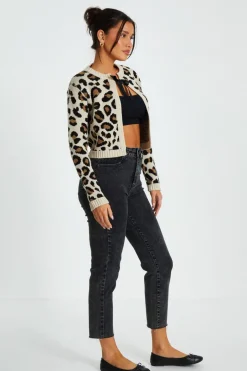 Quiz Cream Leopard Print Knit Cardigan Clearance