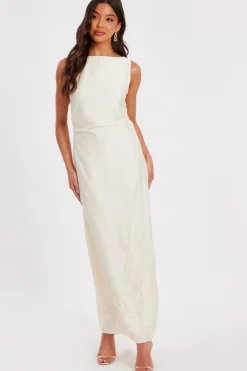 Quiz Cream Linen Embroidered Midaxi Dress Outlet