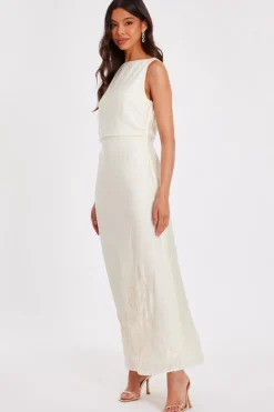 Quiz Cream Linen Embroidered Midaxi Dress Outlet