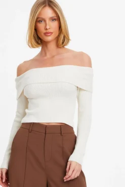 Quiz Ribbed Bardot Jumper Cream New