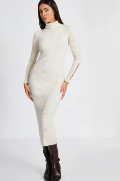 Quiz Cream Ribbed Knit Jumper Dress Online