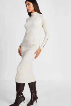 Quiz Cream Ribbed Knit Jumper Dress Online