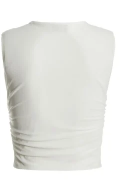 Quiz Ruched Sleeveless Crop Top Cream Hot