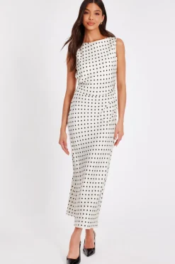 Quiz Cream Satin Polka Dot Midaxi Dress Sale