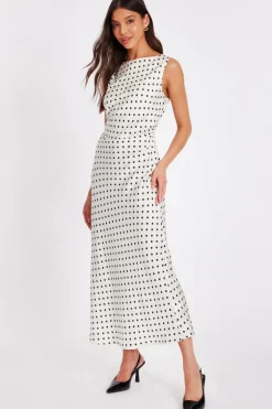 Quiz Cream Satin Polka Dot Midaxi Dress Sale