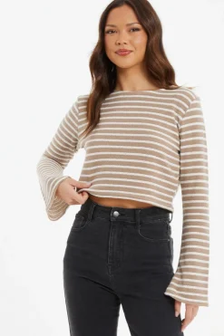 Quiz Cream Stripe Long Sleeve Crop Top Discount