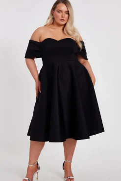Quiz Curve Black Bardot Midi Skater Dress New