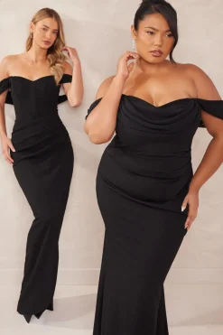 Quiz Curve Chiffon Bardot Maxi Dress Black Clearance