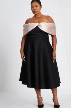 Quiz Curve Black Contrast Bardot Skater Midi Dress New