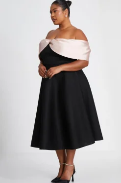 Quiz Curve Black Contrast Bardot Skater Midi Dress New