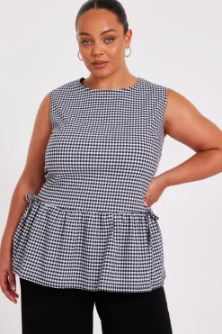 Quiz Curve Black Gingham Peplum Top Sale
