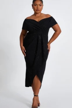 Quiz Curve Black Glitter Bardot Midi Dress Clearance