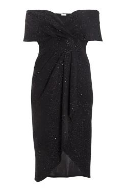 Quiz Curve Black Glitter Bardot Midi Dress Clearance