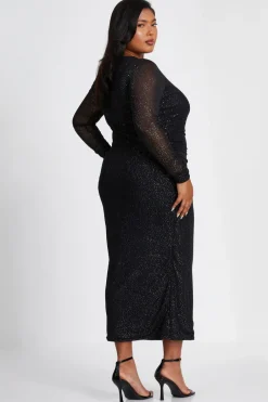 Quiz Curve Glitter Mesh Midaxi Dress Black Clearance