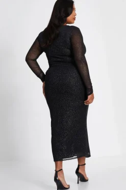Quiz Curve Glitter Mesh Midaxi Skirt Black Online