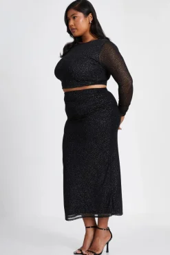 Quiz Curve Glitter Mesh Midaxi Skirt Black Online