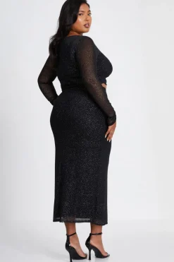 Quiz Curve Glitter Mesh Long Sleeve Top Black