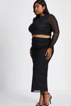 Quiz Curve Glitter Mesh Long Sleeve Top Black