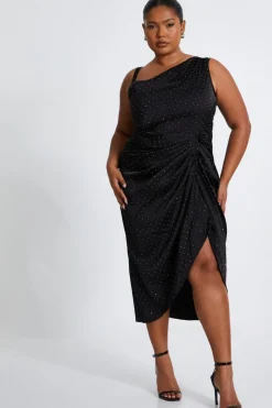 Quiz Curve Rhinestone Satin Midi Dress Black Sale