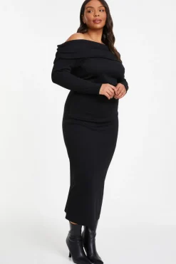 Quiz Curve Ribbed Bardot Bodycon Midi Dress Black Online