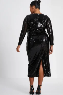 Quiz Curve Sequin Midaxi Dress Black New