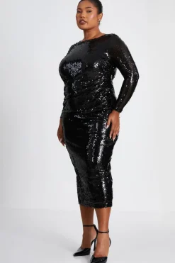 Quiz Curve Sequin Midaxi Dress Black New