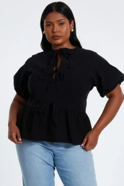 Quiz Curve Tie Top Black Discount