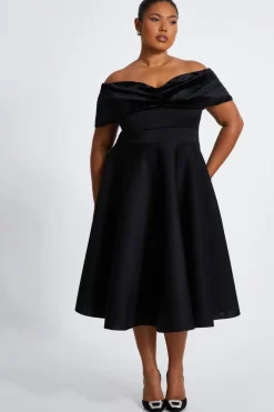 Quiz Curve Black Velvet Bardot Skater Dress Clearance