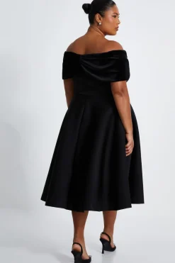 Quiz Curve Black Velvet Bardot Skater Dress Clearance