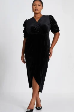 Quiz Curve Velvet Wrap Midi Dress Black Clearance