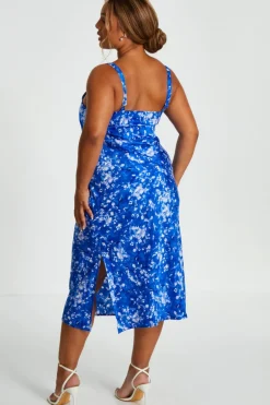 Quiz Curve Blue Ditsy Floral Satin Midaxi Dress Discount