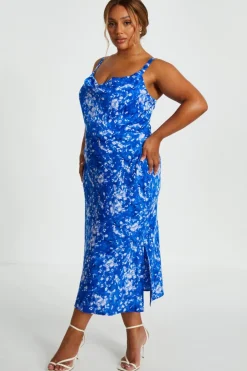 Quiz Curve Blue Ditsy Floral Satin Midaxi Dress Discount