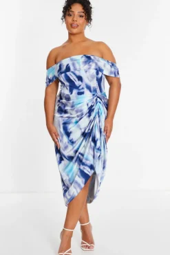 Quiz Curve Blue Marble Print Bardot Midi Dress Best