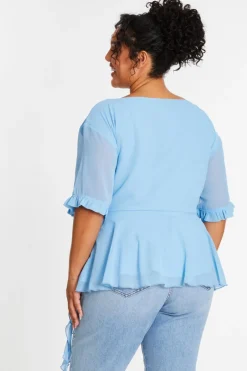 Quiz Curve Blue Ruffle Peplum Top