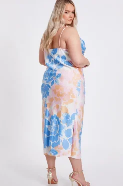 Quiz Curve Blue Satin Floral Midaxi Dress Clearance