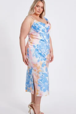Quiz Curve Blue Satin Floral Midaxi Dress Clearance