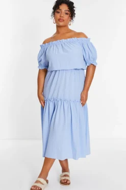 Quiz Curve Blue Textured Bardot Midaxi Dress Sale