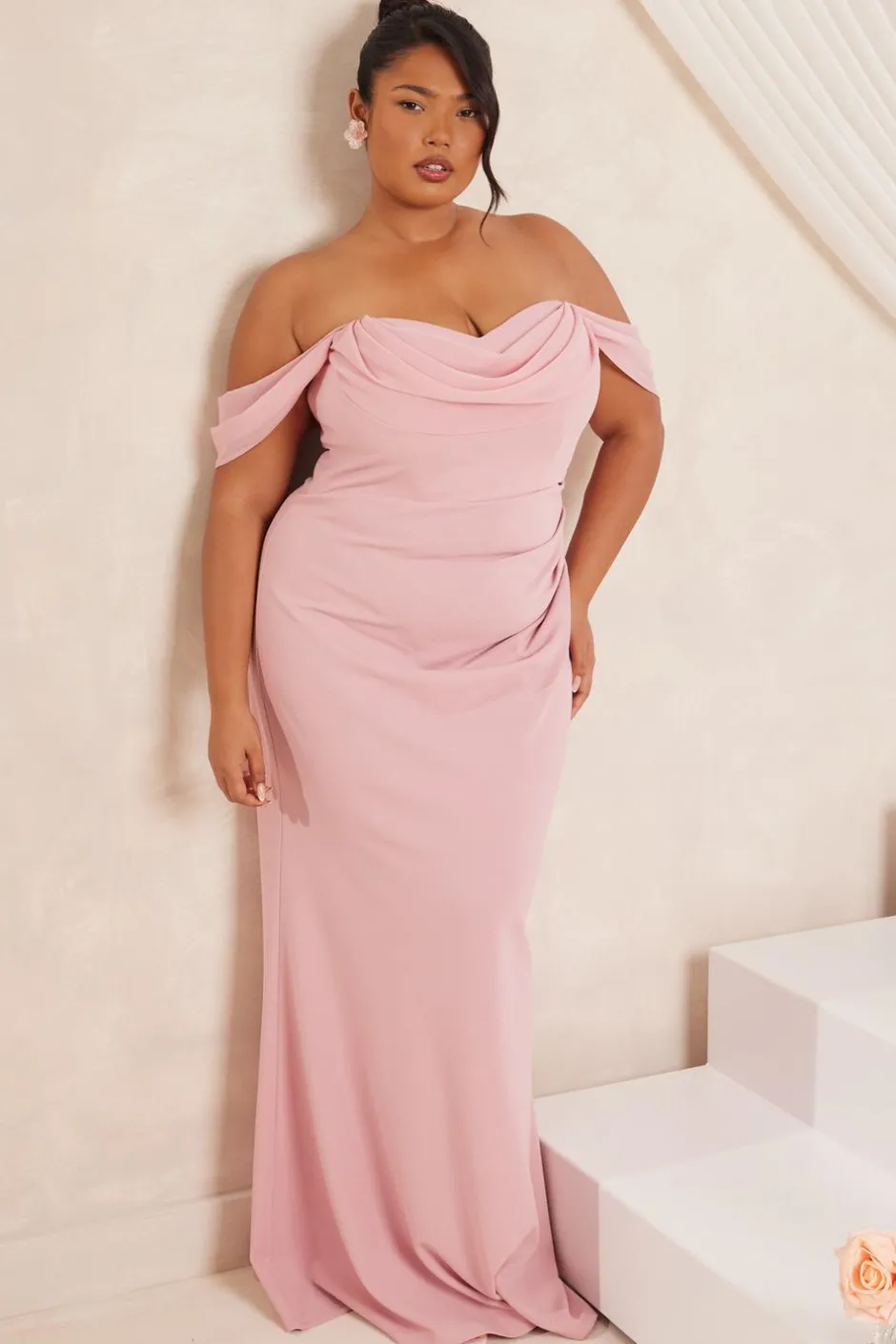 Quiz Curve Chiffon Bardot Maxi Dress Blush Sale