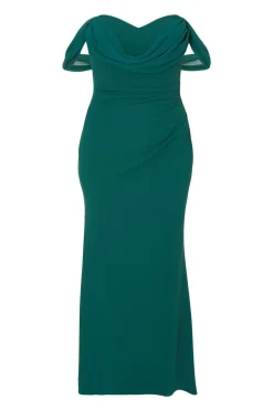 Quiz Curve Chiffon Bardot Maxi Dress Bottle Green